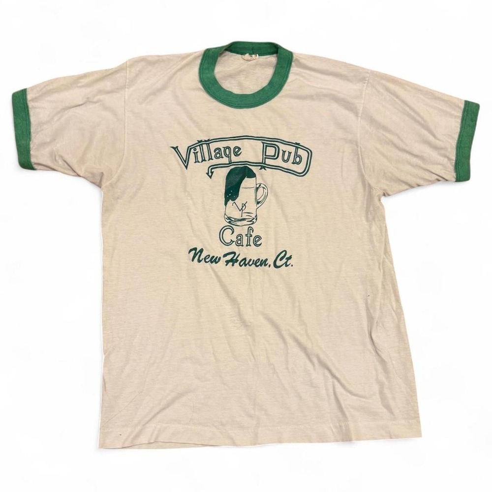 Village Pub Cafe New Haven CT Vintage Ringer T-Shirt Mens Medium White Green